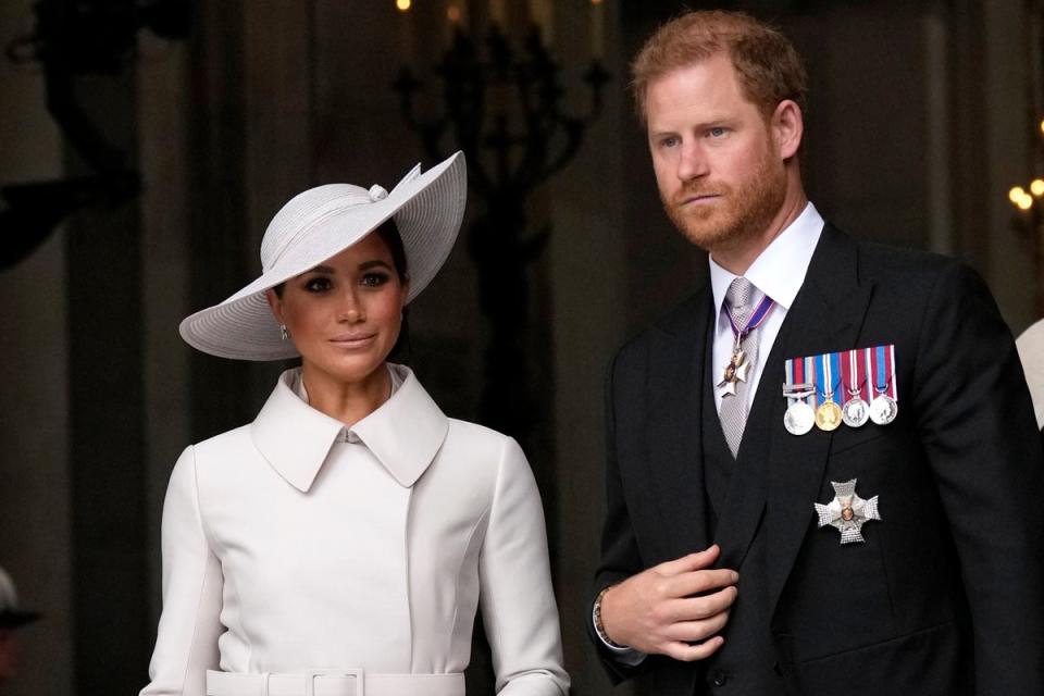 Prince Harry and Meghan Markle, Duke and Duchess of Sussex leave after a service of thanksgiving for the reign of Queen Elizabeth II at St Paul’s Cathedral in London, Friday, June 3, 2022 ((AP Photo/Matt Dunham, Pool, File))