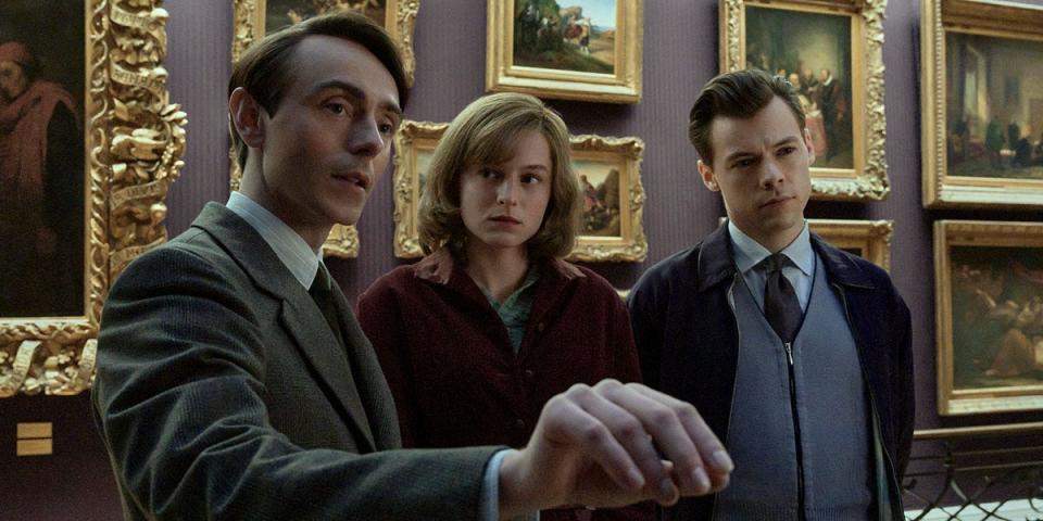 David Dawson (from left), Emma Corrin and Harry Styles play close friends harboring a big secret in the British ensemble drama "My Policeman."