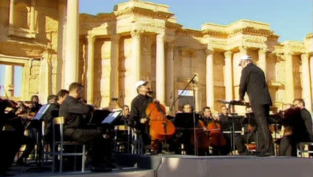 Russia's Mariinsky Theatre performs at the amphitheatre of the Syrian city of Palmyra in this still image taken from video May 5, 2016. Russian Pool via Reuters TV ATTENTION EDITORS - THIS IMAGE WAS PROVIDED BY A THIRD PARTY. EDITORIAL USE ONLY. NO RESALES. NO ARCHIVE.
