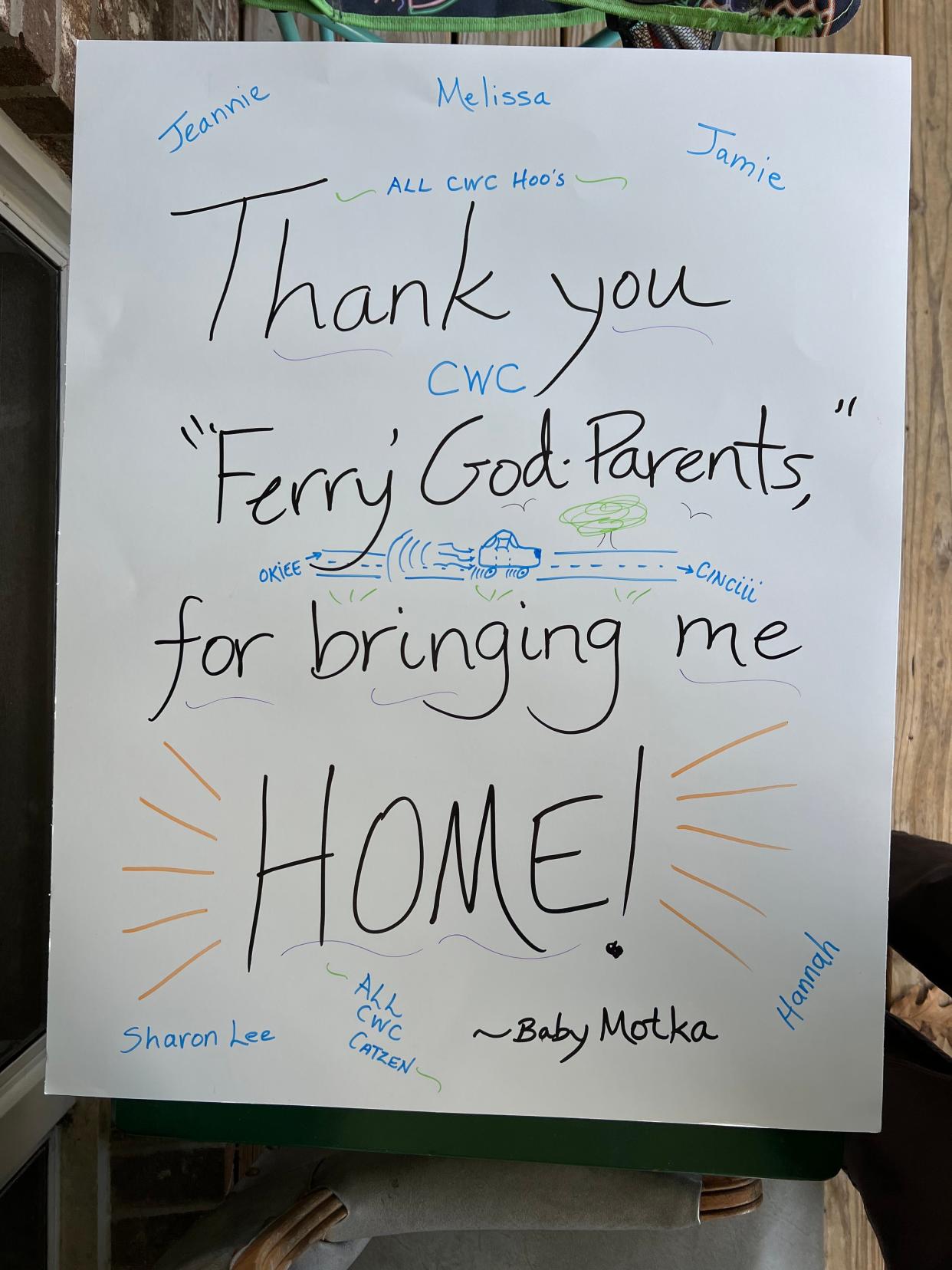 The "welcome home" poster Pastor Teri Lynn Stackhouse made for Baby Motka for when the kitten arrived in Glendale.