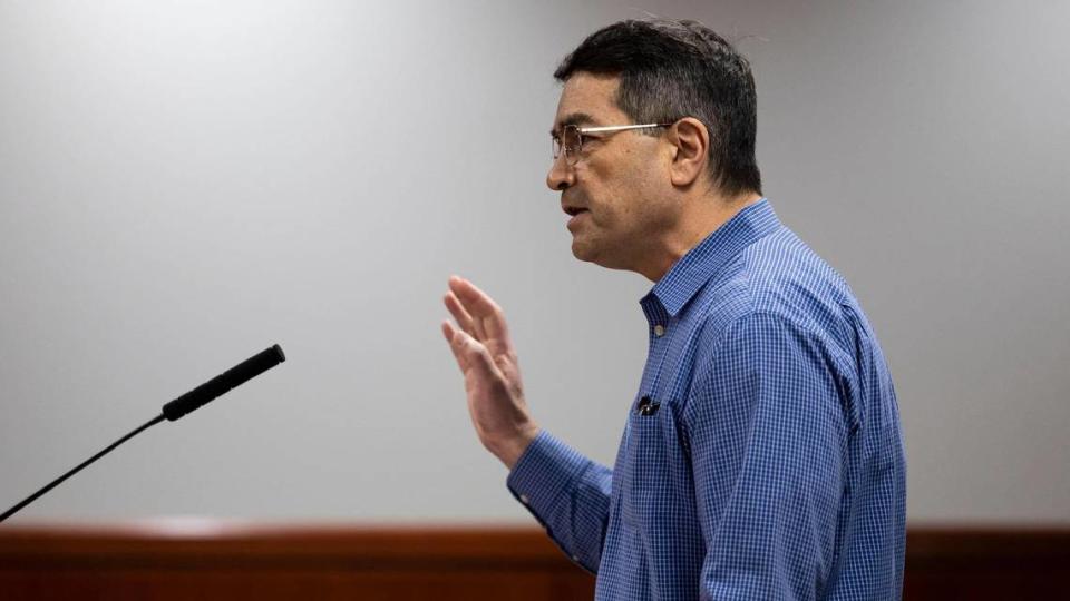 Michael Hon, representing Concerned Citizens of Meridian, addresses the Ada County Commission, Monday, March 20, 2023, during a public hearing on placing a library district dissolution question on the November ballot for voters. Darin Oswald/Idaho Statesman