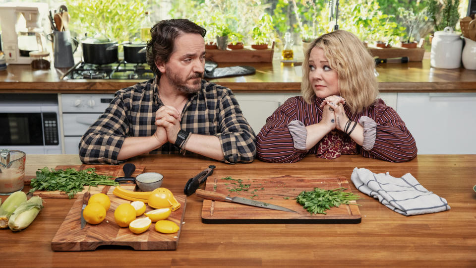 In God's Favourite Idiot, Ben Falcone plays a tech worker who finds love with Melissa McCarthy, just as he becomes a messenger of God. (Netflix)