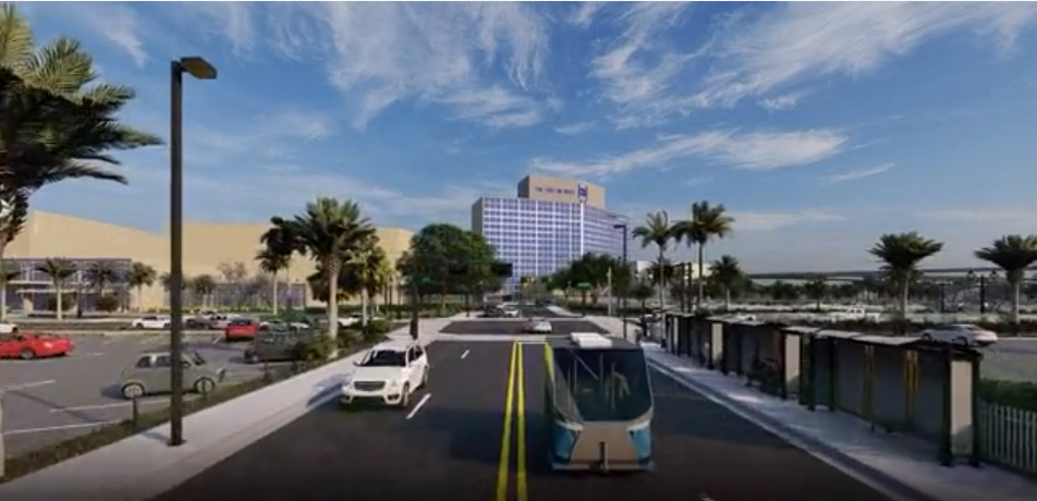 The automated vehicles in the Jacksonville Transportation Authority's planned Ultimate Urban Circulator system would be able to operate in regular traffic lanes by using sensors for guidance. A JTA rendering shows a shuttle in a regular traffic lane in downtown.