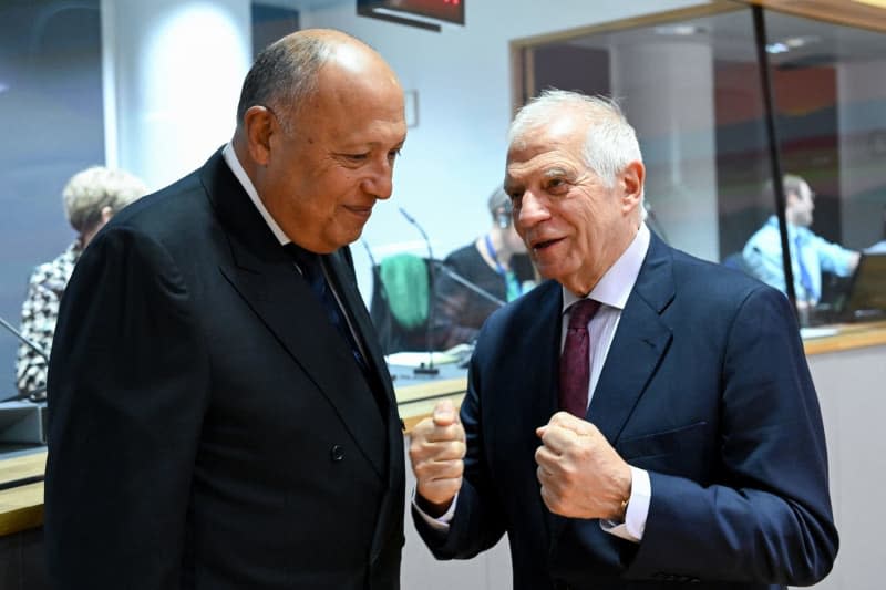 Josep Borrell (R), EU High Representative for Foreign Affairs and Security Policy, talks with Egyptian Foreign Minister Sameh Shoukry during the Foreign Affairs Council meeting. -/European Council/dpa