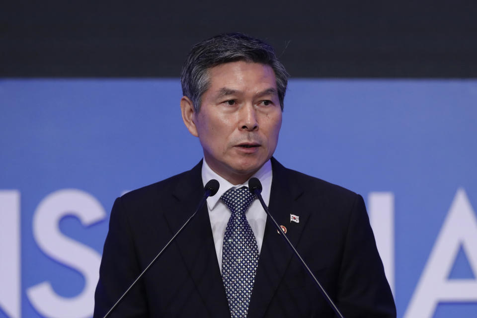 In this Sept. 5, 2019, photo, South Korean Defense Minister Jeong Kyeong-doo delivers a speech during the opening ceremony of the Seoul Defense Dialogue in Seoul, South Korea. Jeong said Tuesday, Dec. 10, 2019 that North Korea's recent unspecified weapons test was of a rocket engine, amid speculation the North was making preliminary steps toward a prohibited long-range rocket launch. (AP Photo/Lee Jin-man)