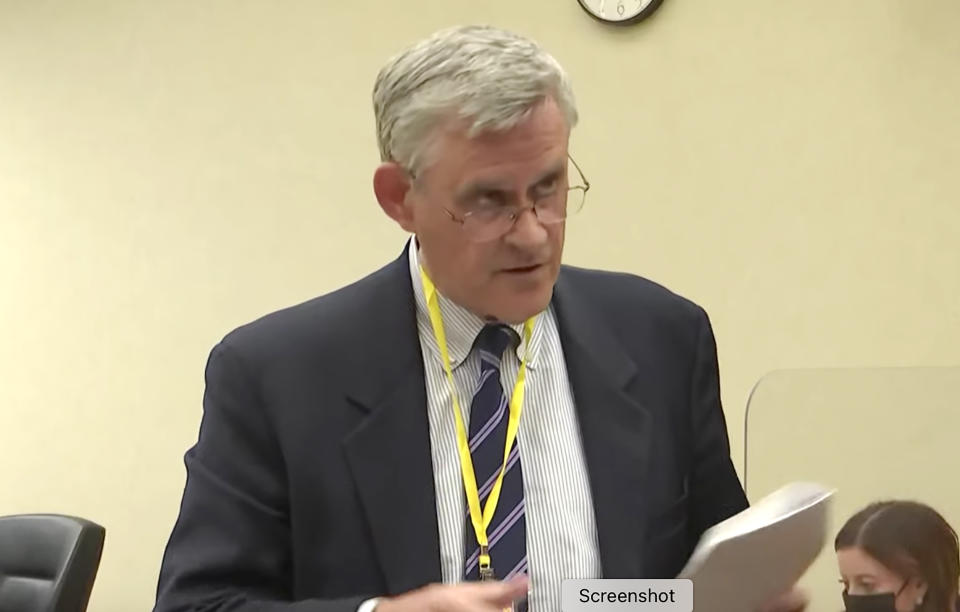 In this image from video, defense attorney Paul Engh, speaks as Hennepin County Judge Regina Chu discusses jury instructions in court Monday, Dec. 6, 2021, in the trial of former Brooklyn Center police Officer Kim Potter in the April 11, 2021, death of Daunte Wright, at the Hennepin County Courthouse in Minneapolis, Minn. (Court TV, via AP, Pool)