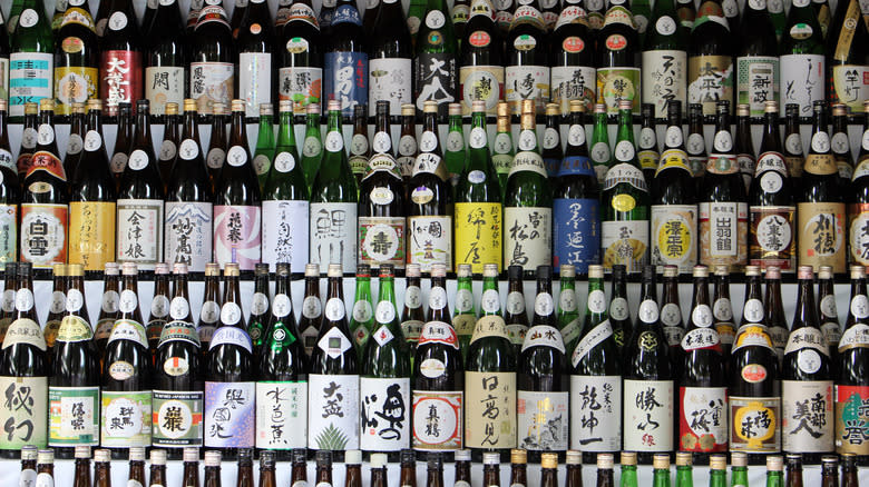 Sake bottles on shelves