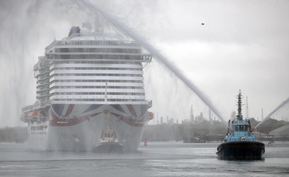 The new P&O cruise ship Iona enters Southampton port in England for the first time ahead of its naming ceremony, May 16, 2021. Iona, the largest cruise ship built for the U.K. market, is 1,132 feet long and has 17 passenger decks, with room for 5,200 holidaymakers. / Credit: Andrew Matthews/PA Images/Getty