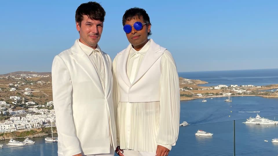 Suki and Manuel in Mykonos, Greece. The couple love traveling together. - Suki Sandhu and Manuel Heichlinger