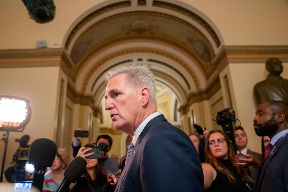 House Speaker Kevin McCarthy, R-Calif., speaks with members of the media in the U.S. Capitol on Saturday in Washington.