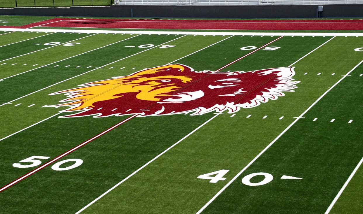 The Northern State logo is placed at Thares Field at the new Dacotah Bank Stadium. American News photo by Jenna Ortiz, taken 08/31/2021.