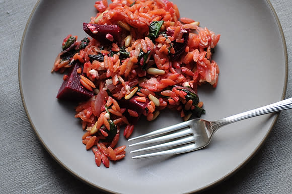 Warm Orzo Salad with Beets & Greens