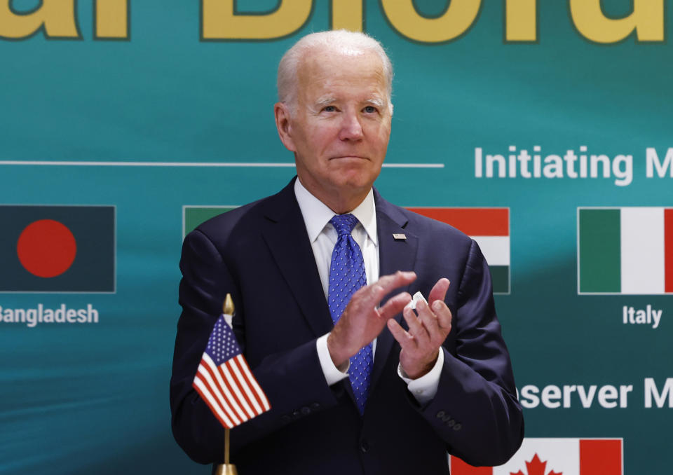 FILE - U.S. President Joe Biden attends the launch of the Global Biofuels Alliance at the G20 summit in New Delhi, India on Sept. 9, 2023. (AP Photo/Evelyn Hockstein, Pool, File)