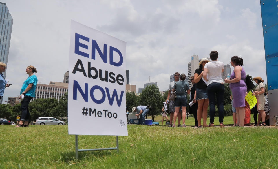 A small group of protesters fighting various forms of abuse within the church engage passersby outside at the Southern Baptist Convention meeting on Tuesday, June 12, 2018 in Dallas, Texas.&nbsp; (Photo: Fort Worth Star-Telegram via Getty Images)