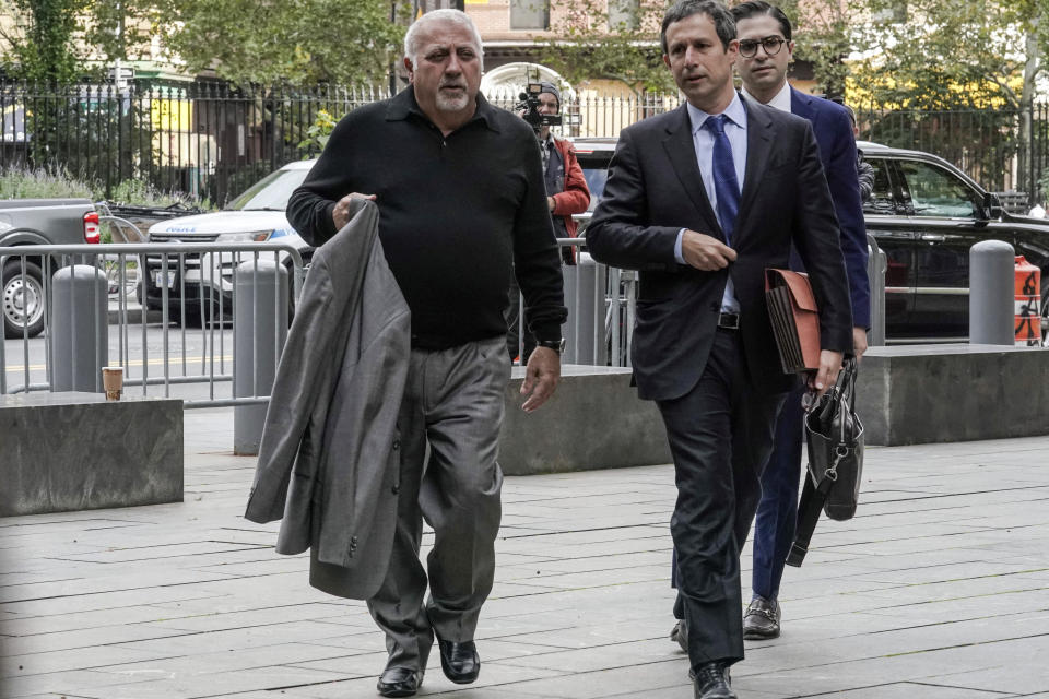 Fred Daibes, left, one of three businessmen named as co-defendants with Sen. Bob Menendez charged with bribery, arrives at federal court, Wednesday, Oct. 18, 2023, in New York. (AP Photo/Bebeto Matthews)