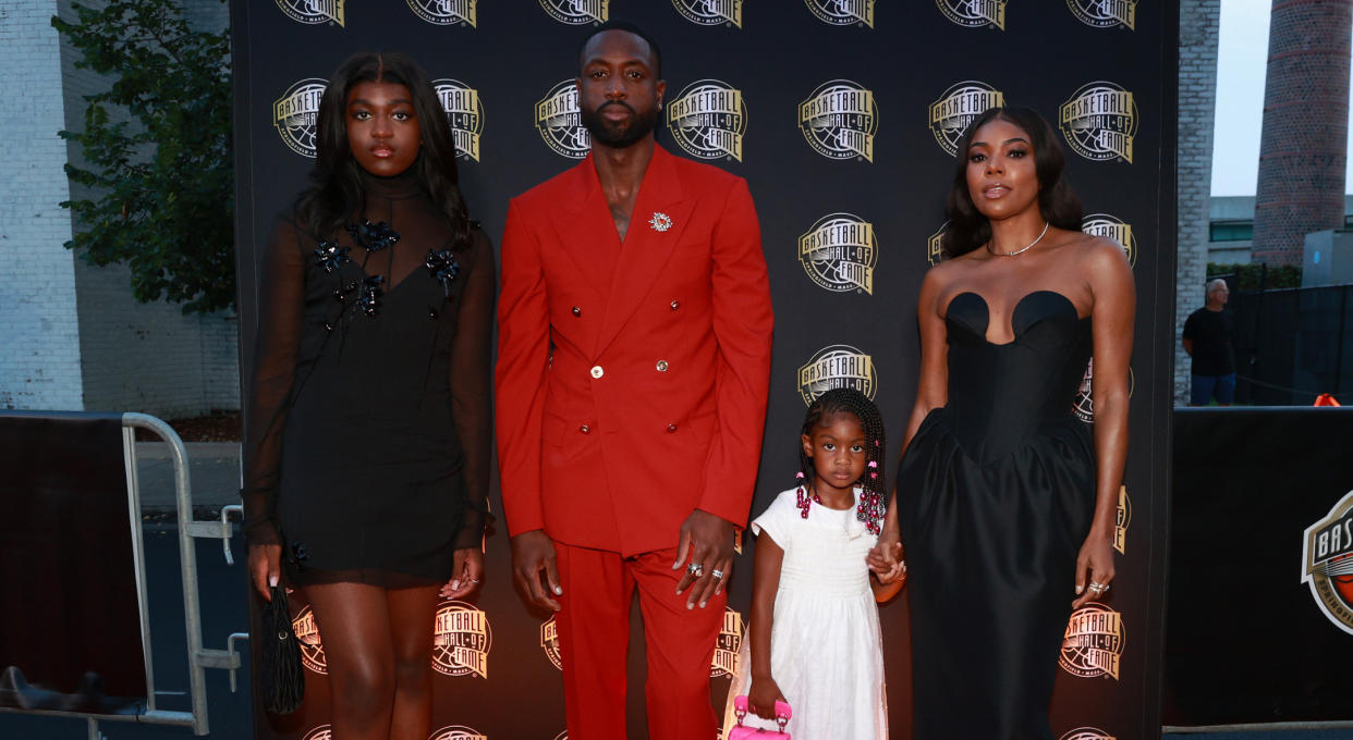 Zaya Wade, 2023 inductee Dwyane Wade, Kaavia James Wade and Gabrielle Union attend the 2023 Naismith Basketball Hall of Fame Induction at Symphony Hall on August 12, 2023 in Springfield, Massachusetts.