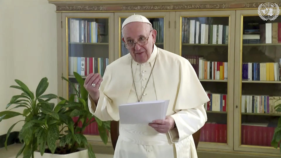 In this image made from UNTV video, Pope Francis speaks in a pre-recorded message which was played during the 75th session of the United Nations General Assembly, Friday, Sept. 25, 2020, at UN headquarters, in New York. (UNTV via AP)