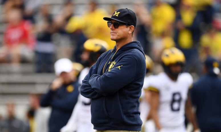 Jim Harbaugh on the sideline at Wisconsin.