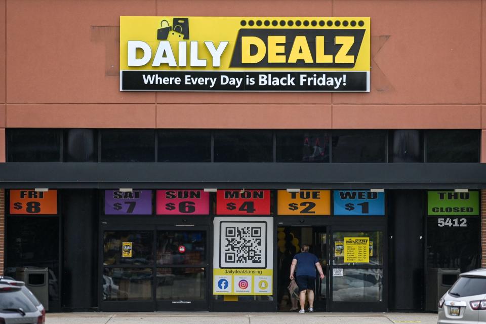 The entrance to Daily Dealz, photographed on Monday, June 6, 2022, at the Lansing Mall in Delta Township.