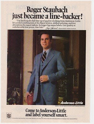 A vintage ad for Anderson-Little features spokesman and Dallas Cowboys quarterback Roger Staubach.