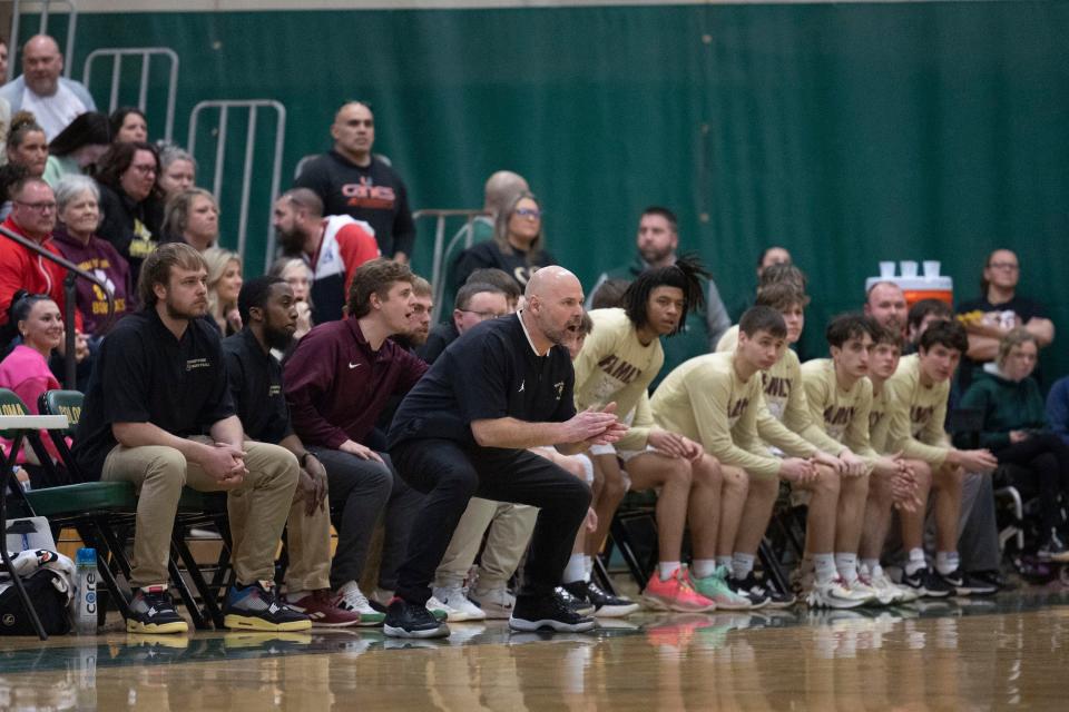 Brandywine head coach Nathan Knapp during the Brandywine-Centreville high school Division 3 regional championship basketball game on Wednesday, March 15, 2023, at Coloma High School in Coloma, Michigan.