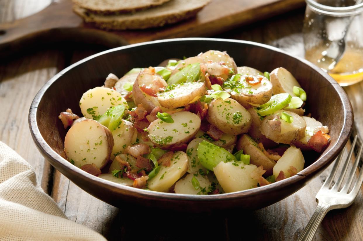 Closeup of a bowl of fresh potato salad