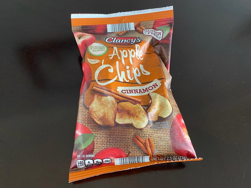 orange and red bag of cinnamon apple chips from aldi