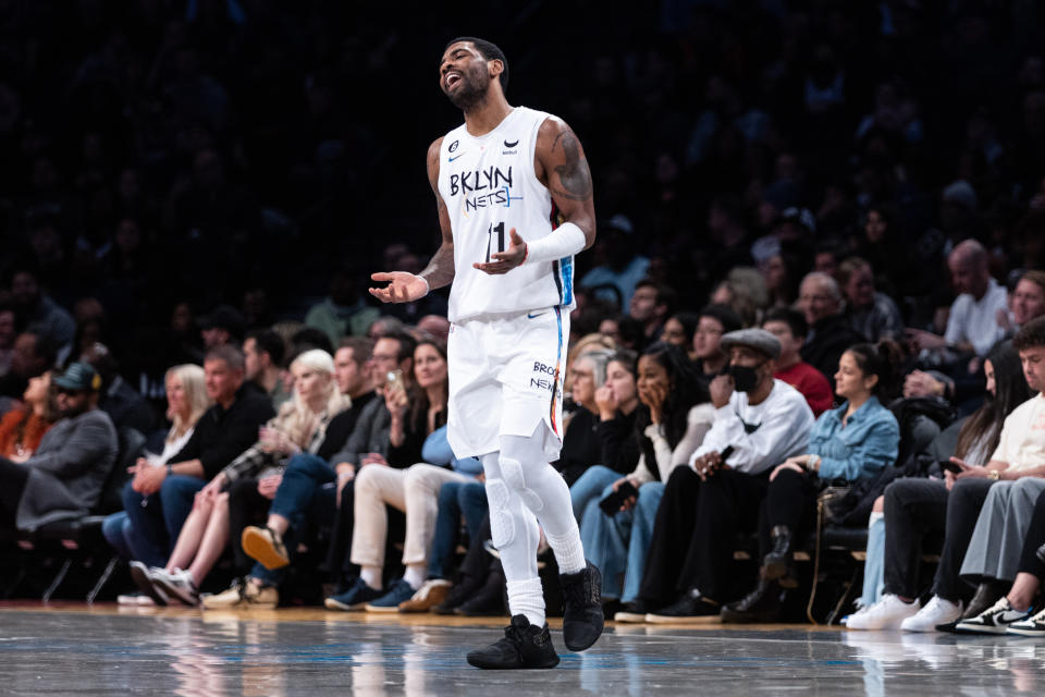 NEW YORK, NEW YORK - JANUARY 28: Kyrie Irving #11 of the Brooklyn Nets walks up the court during the second quarter of the game against the New York Knicks at Barclays Center on January 28, 2023 in New York City. NOTE TO USER: User expressly acknowledges and agrees that, by downloading and or using this photograph, User is consenting to the terms and conditions of the Getty Images License Agreement. (Photo by Dustin Satloff/Getty Images)