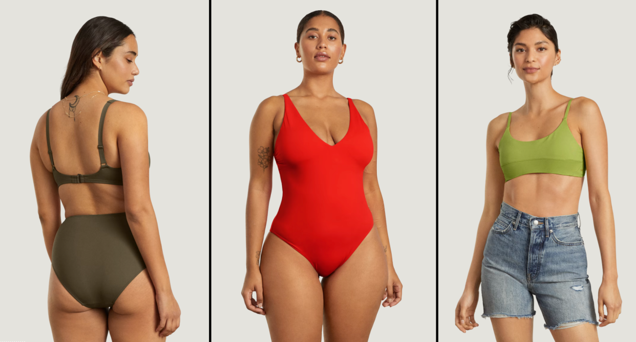 everlane swim sale, model wearing olive green bikini, model wearing v-neck red one-piece swimsuit, model wearing denim shorts and green bikini top