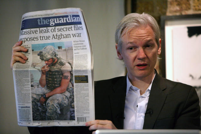 Julian Assange, the founder of Wikileaks, discusses publication of secret US documents about the war in Afghanistan at a press conference in the Frontline Club, London on July 26, 2010. (Julian Simmonds/Shutterstock)