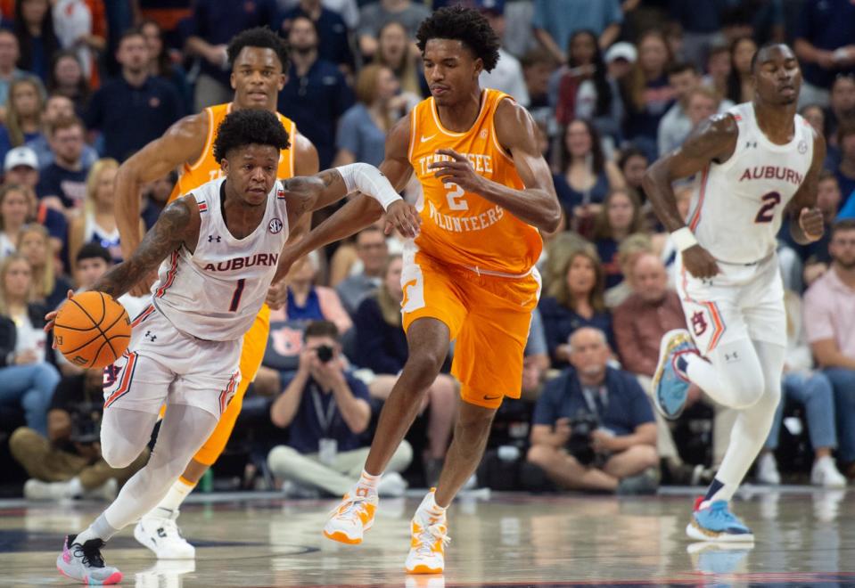 Auburn Tigers guard Wendell Green Jr. (1) drives the ball as Auburn Tigers take on the Tennessee Volunteers at Neville Arena in Auburn, Ala., on Saturday, March 4, 2023. Tennessee Volunteer lead Auburn Tigers 34-30 at halftime.