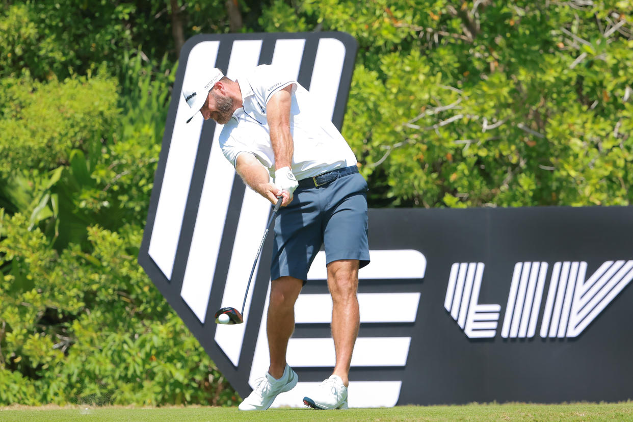 PLAYA DEL CARMEN, MEXICO - FEBRUARY 26: Dustin Johnson of 4Aces GC plays his shot from the third tee during day three of the LIV Golf Invitational - Mayakoba at El Camaleon at Mayakoba on February 26, 2023 in Playa del Carmen, Mexico. (Photo by Hector Vivas/Getty Images)
