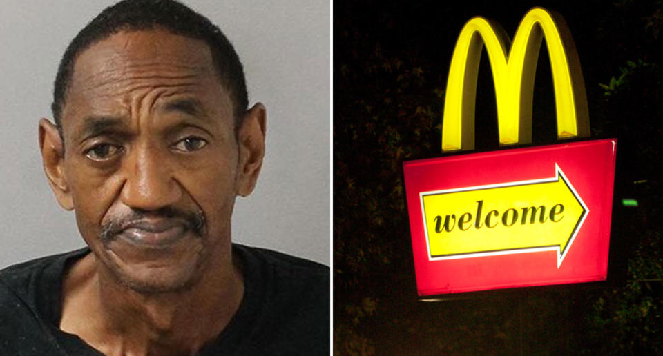 A mugshot of Charles Prince, 54, and a stock photo of a McDonald's sign.