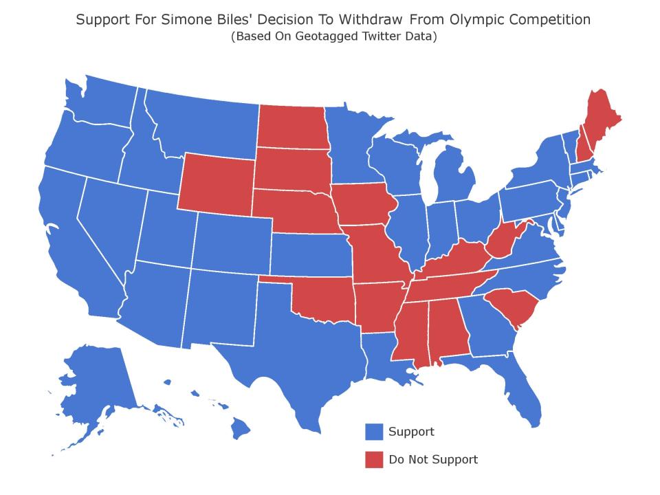 Betonline.ag's map depicting which US states support and oppose Simone Biles' decision to opt out of Olympics events.