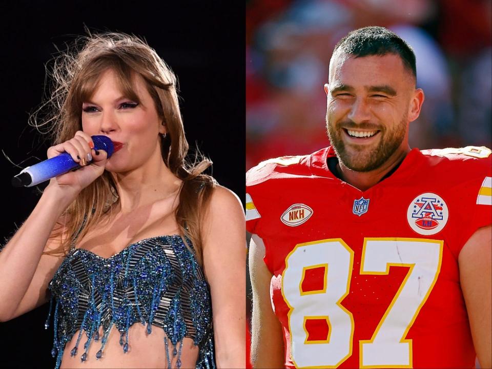 Taylor Swift onstage at Estadio Más Monumental Antonio Vespucio Liberti; Kansas City Chiefs tight end Travis Kelce