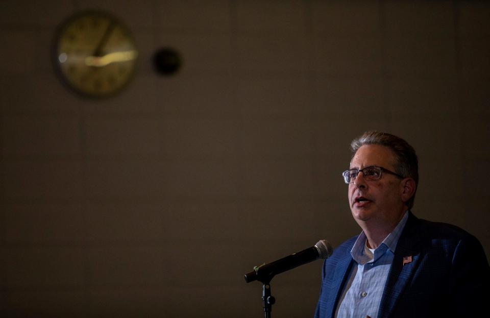 Matthew DePerno, the Republican nominee for Michigan attorney general, speaks during a Dearborn Public Schools board meeting at Stout Middle School on Thursday, Oct. 13, 2022.