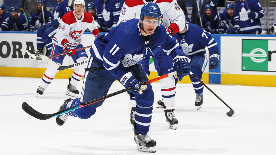 TORONTO, ON - MAY 27:  Zach Hyman #11 of the Toronto Maple Leafs skates against the Montreal Canadiens in Game Five of the First Round of the 2021 Stanley Cup Playoffs at Scotiabank Arena on May 27, 2021 in Toronto, Ontario, Canada. The Canadiens defeated the Maple Leafs 4-3 in overtime. (Photo by Claus Andersen/Getty Images)