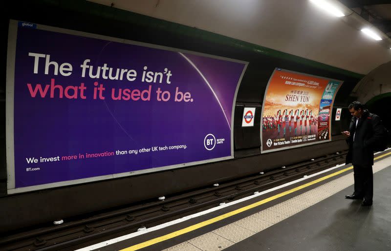 FILE PHOTO: British Telecom (BT) advertisement is displayed at Goodge Street underground station in London