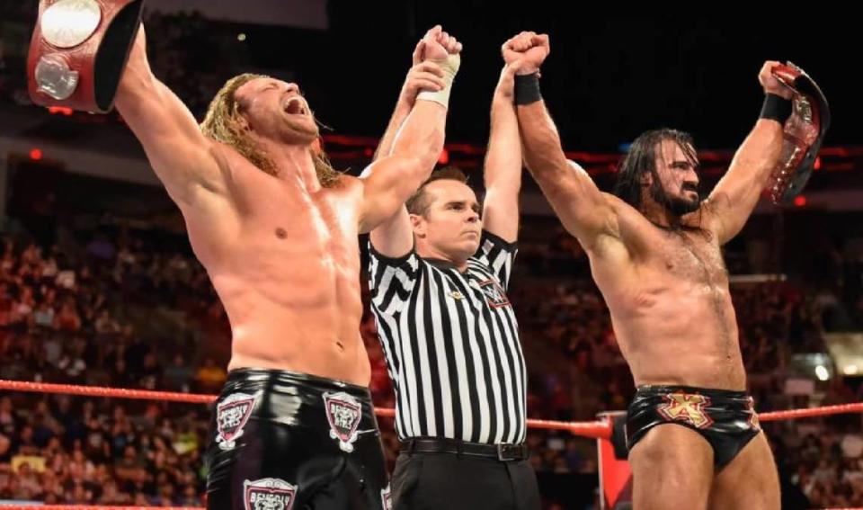 Dolph Ziggler and Drew McIntyre were WWE Raw tag team champions in 2018. Your referee Dan Englert.