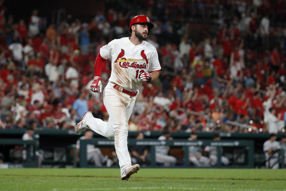 St. Louis Cardinals' Paul DeJong rounds the bases after hitting a solo home run during the fourth inning of the team's baseball game against the San Francisco Giants on Wednesday, Sept. 4, 2019, in St. Louis. (AP Photo/Jeff Roberson)