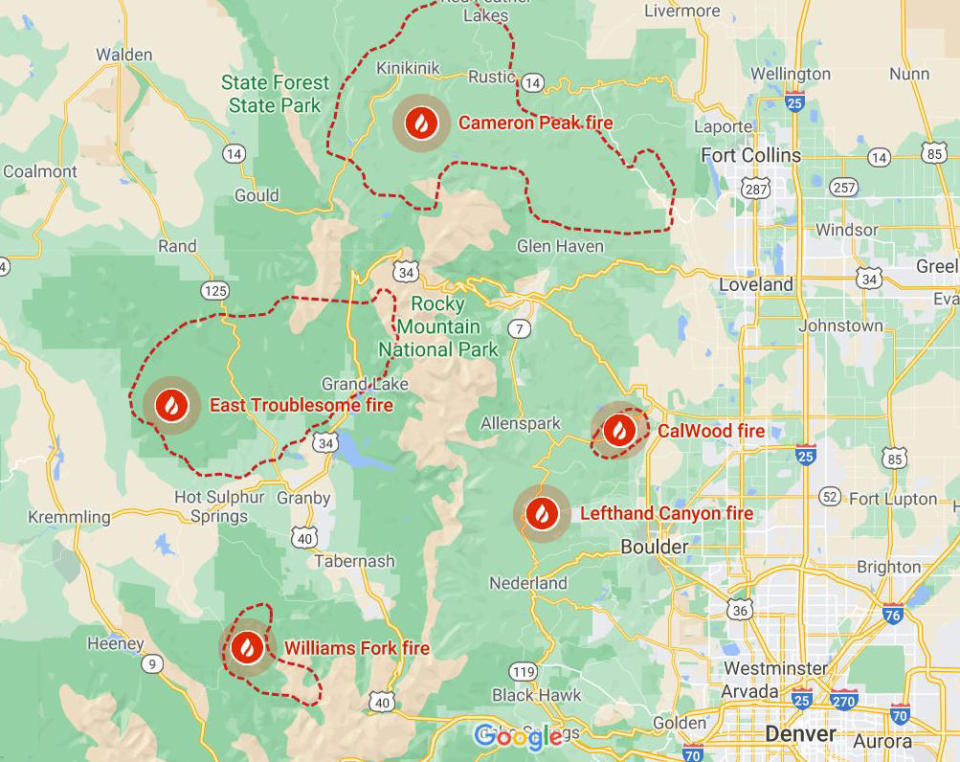 Areas where major wildfires are burning in Colorado as of Thursday, Oct. 22, 2020. / Credit: Google Maps