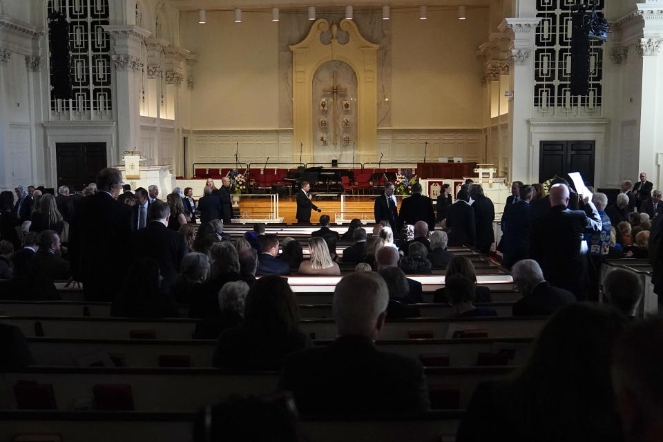 Gests arrive before a tribute service for former first lady Rosalynn Carter at Glenn Memorial Church at Emory University on November 28, 2023 in Atlanta, Georgia.  / Credit: Brynn Anderson / Getty Images