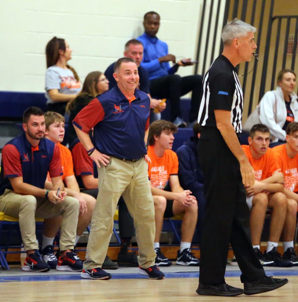 Sean Huber coaches the Lemon Bay High boys basketball team in the Wally Keller Classic in January at Charlotte High. Huber stepped down as boys basketball coach, but will remain at the school as a teacher and assistant director of athletics.