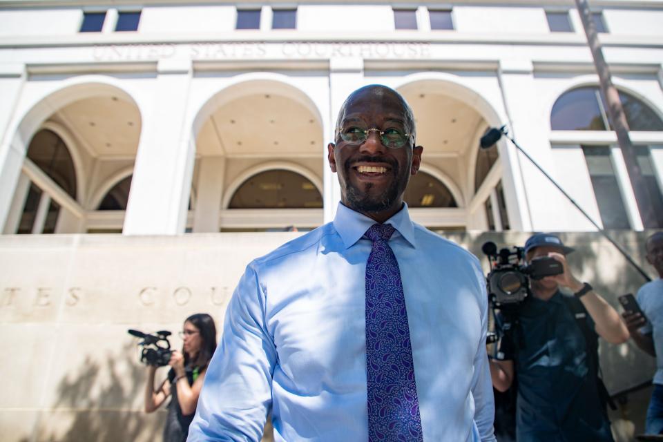 Former Tallahassee Mayor Andrew Gillum leaves the federal courthouse after a jury found him not guilty on making false statements while deadlocking on all other charges against him on Thursday, May 4, 2023. 