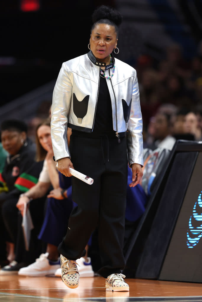 Dawn Staley during the 2024 NCAA Women's Basketball Tournament National Championship on April 7 Cleveland, Louis Vuitton, sports, college, metallics trend