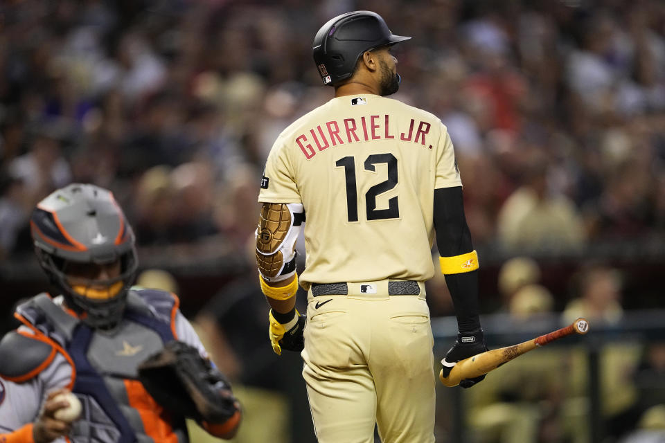 Arizona Diamondbacks' Lourdes Gurriel Jr. looks away after striking out against the Houston Astros during the ninth inning of a baseball game, Friday, Sept. 29, 2023, in Phoenix. The Astros defeated the Diamondbacks 2-1. (AP Photo/Matt York)