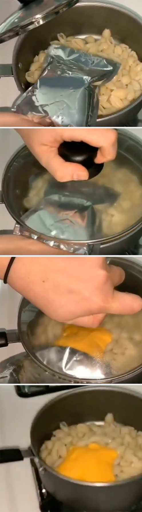 Person using pot lid to squeeze mac 'n' cheese out of the bag