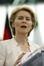 Germany's Ursula von der Leyen delivers her speech at the European Parliament in Strasbourg, eastern France, Tuesday July 16, 2019. Ursula von der Leyen outlined her vision and plans as Commission President. The vote, held by secret paper ballot, will take place later today. (AP Photo/Jean-Francois Badias)