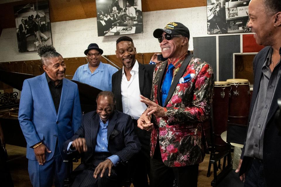 Former Spinners member G.C. Cameron, center, leads an impromptu performance of "It's a Shame" in Studio A at the Motown Museum in Detroit on Friday, May 19, 2023.