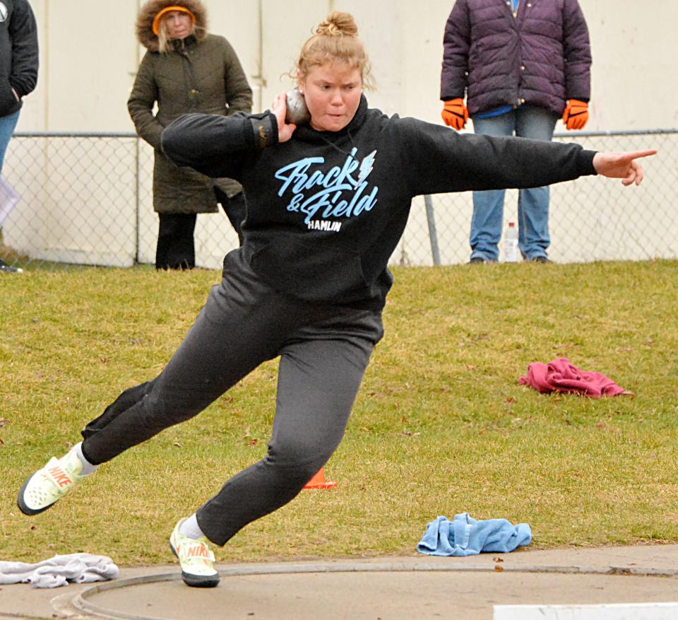 Hamlin High School senior throws standout Gracelyn Leiseth broke the all-time South Dakota state record in the girls' discus with a throw of 171 feet, 8 inches in the Menno Relays on Thursday, April 13, 2023. Kellyn Kortemeyer of Custer set the record (165-11) in last year's state meet. Leiseth also holds the all-time state record in the girls' shot put (52-6.75).